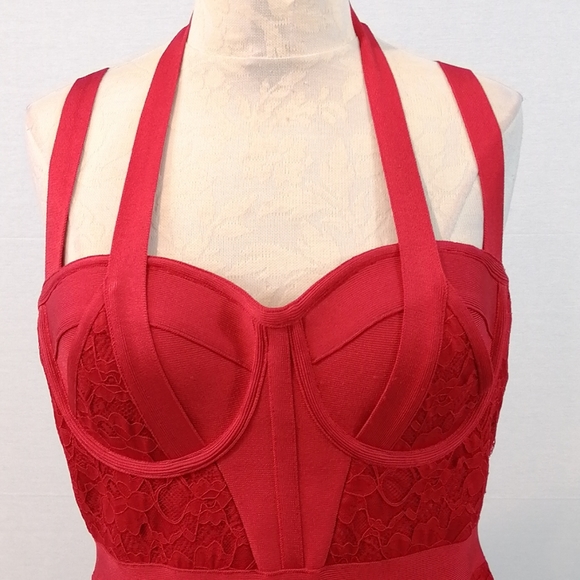 Bebe Red Lace Multi Halter Bustier Dress Bodycon - Picture 6 of 16